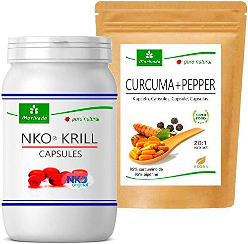 Paquete de productos MoriVeda® | Cápsulas blandas de aceite de krill NKO® y cápsulas de cúrcuma + pimienta | Paquete de nutrientes para cuerpo y mente | 90 piezas cada uno