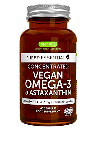 Pure &amp; Essential Omega-3 Vegano, 1340 mg de Aceite de Algas (DHA + EPA 600 mg) y Astaxantina