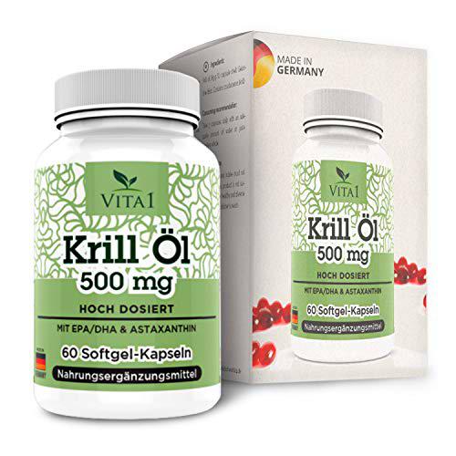 Cápsulas de Aceite de Krill 500mg de VITA1 • 60 cápsulas (3 semanas de suministro) • rico en ácidos grasos omega-3 EPA y DHA • Hecho en Germany