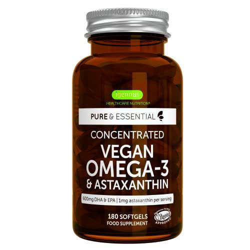 Pure &amp; Essential Omega-3 Vegano, 1344 mg de Aceite de Algas (DHA + EPA 600 mg) y Astaxantina